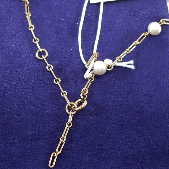 NWT Tory Burch Thin Roxanne Imitation Pearl Detailed 18K-plated Chain Necklace - Picture 10 of 11